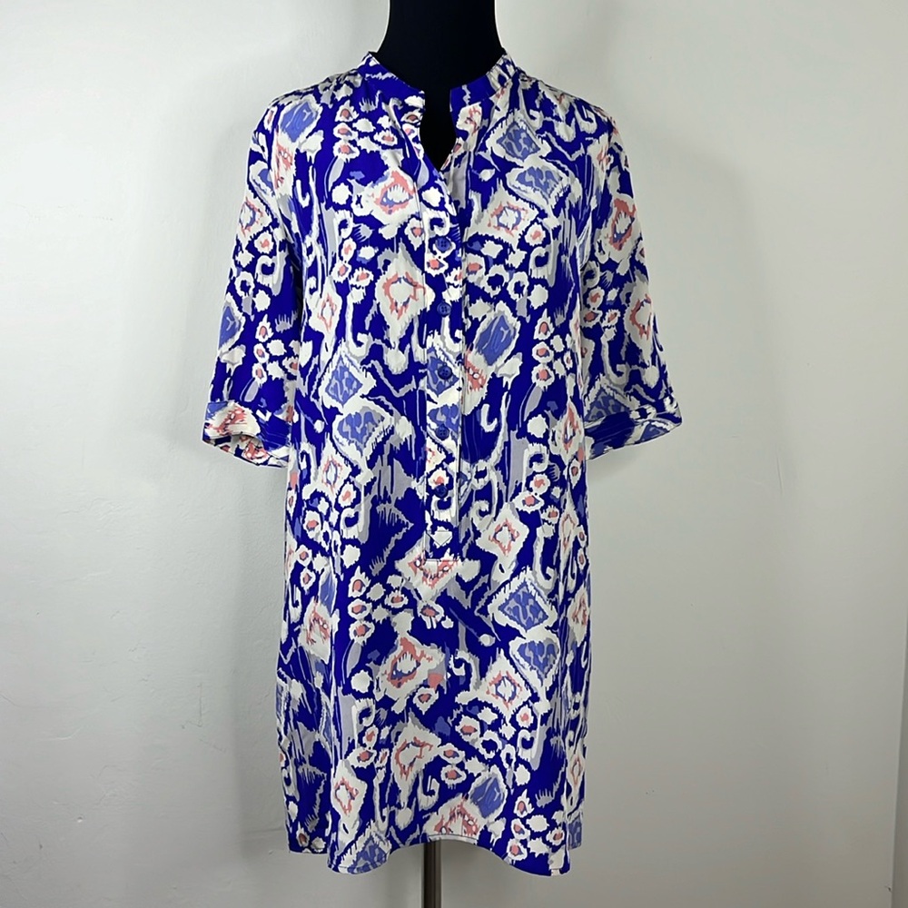 TUCKER Blue Print Silk Mini Dress S